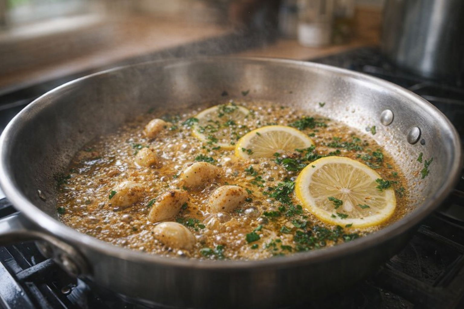 A pan with lemon garlic sauce bubbling on the stovetop, garlic browning, parsley and lemon visible